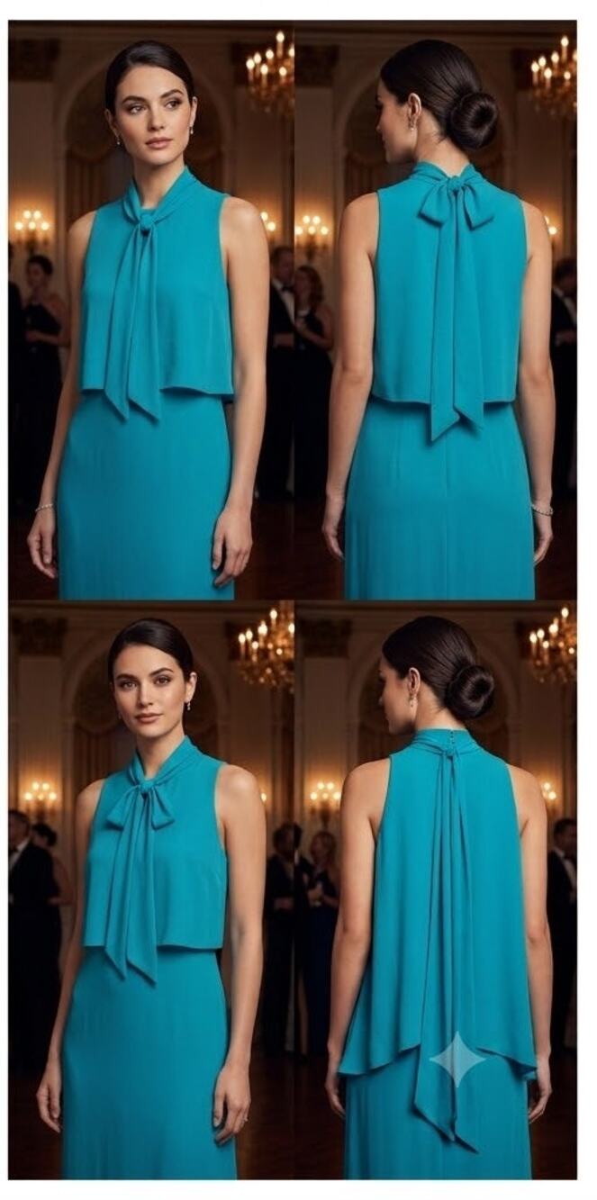 Halston Heritage Turquoise Blue Sleeveless Layered Tie-Neck Maxi Gown Dress 16